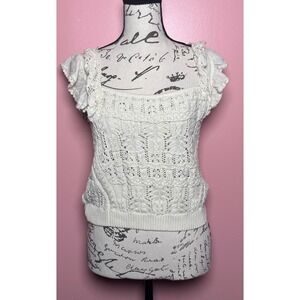 Anthropologie Pointelle Knit Cropped Top Women M Ivory Flutter Sleeve Boho